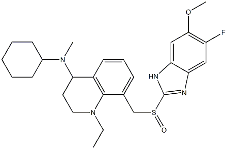 1-エチル-1,2,3,4-テトラヒドロ-4-(N-メチルシクロヘキシルアミノ)-8-(5-フルオロ-6-メトキシ-1H-ベンゾイミダゾール-2-イルスルフィニルメチル)キノリン 化学構造式