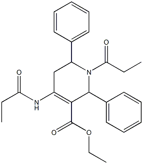 2,6-ジフェニル-1-プロピオニル-4-[プロピオニルアミノ]-1,2,5,6-テトラヒドロピリジン-3-カルボン酸エチル 化学構造式