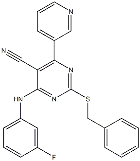 2-Benzylthio-6-(3-pyridinyl)-4-(3-fluorophenyl)aminopyrimidine-5-carbonitrile,,结构式