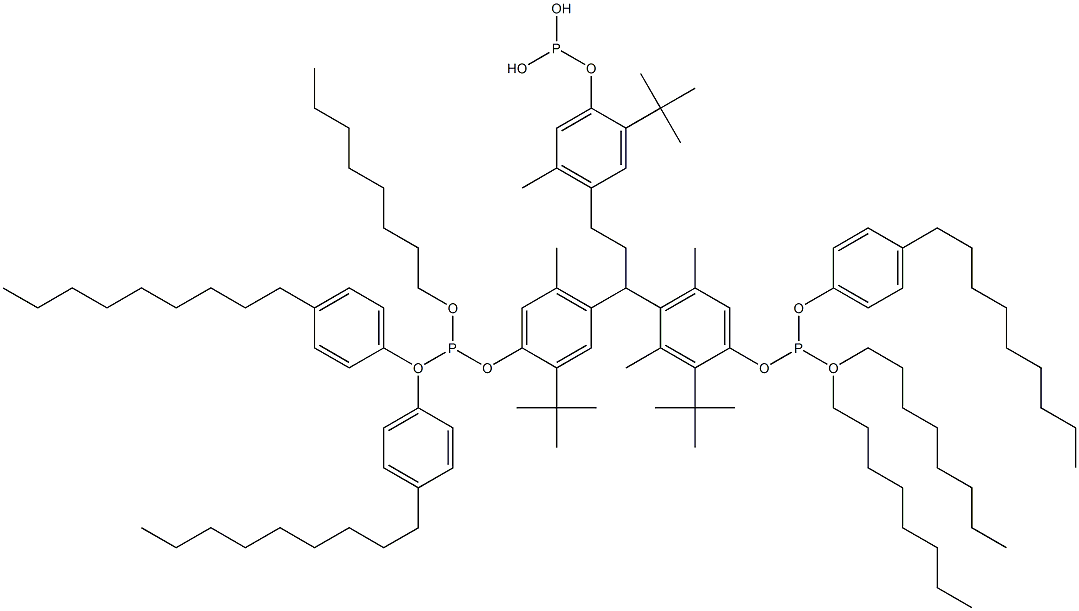 [3-Methyl-1,1,3-propanetriyltris(2-tert-butyl-5-methyl-4,1-phenyleneoxy)]tris(phosphonous acid)O,O',O'-trioctyl O,O'',O''-tris(4-nonylphenyl) ester Struktur