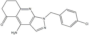 1-(4-Chlorobenzyl)-4-amino-1,6,7,8-tetrahydro-5H-pyrazolo[3,4-b]quinolin-5-one Struktur