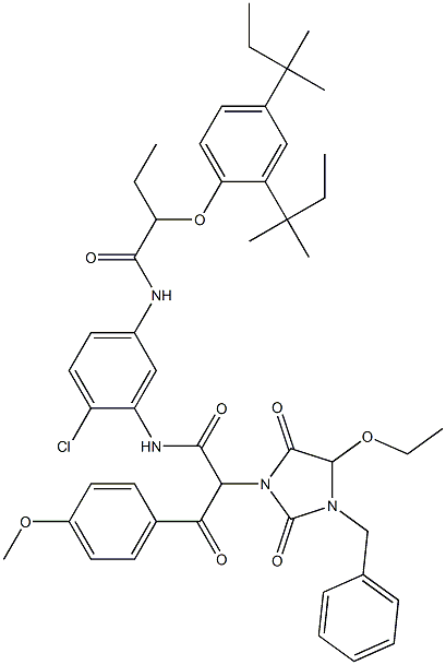 1-ベンジル-5-エトキシ-3-[[N-[2-クロロ-5-[N-[2-(2,4-ジ-tert-ペンチルフェノキシ)ブタノイル]アミノ]フェニル]カルバモイル](4-メトキシフェニルカルボニル)メチル]ヒダントイン 化学構造式