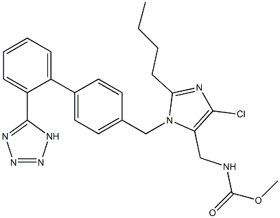 N-[[2-ブチル-4-クロロ-1-[[2'-(1H-テトラゾール-5-イル)-1,1'-ビフェニル-4-イル]メチル]-1H-イミダゾール-5-イル]メチル]カルバミド酸メチル 化学構造式