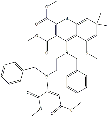 7,7-ジメチル-5-(メチルチオ)-4-[ベンジル[2-[ベンジル[1,2-ビス(メトキシカルボニル)エテニル]アミノ]エチル]アミノ]-7H-1-ベンゾチオピラン-2,3-ジカルボン酸ジメチル 化学構造式