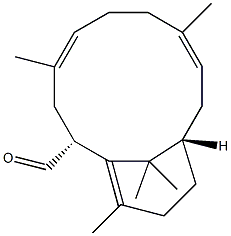 (2R,4E,8E,11S)-4,8,14,15,15-ペンタメチルビシクロ[9.3.1]ペンタデカ-4,8,14(1)-トリエン-2-カルボアルデヒド 化学構造式