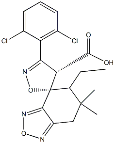 (4S,5S)-6',7'-ジヒドロ-6',6'-ジメチル-3-(2,6-ジクロロフェニル)スピロ[イソオキサゾール-5(4H),4'(5'H)-[2,1,3]ベンゾオキサジアゾール]-4-カルボン酸エチル 化学構造式