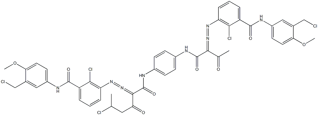 3,3'-[2-(1-Chloroethyl)-1,4-phenylenebis[iminocarbonyl(acetylmethylene)azo]]bis[N-[3-(chloromethyl)-4-methoxyphenyl]-2-chlorobenzamide],,结构式