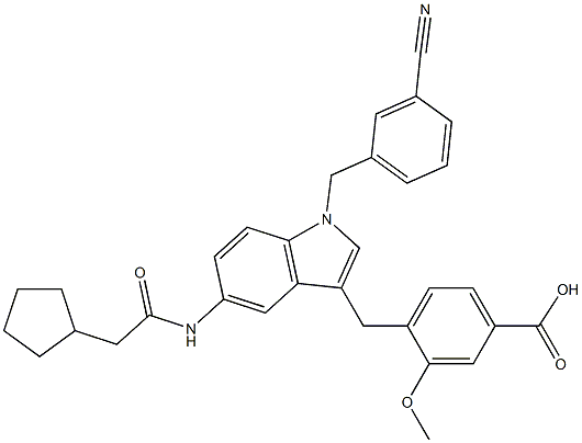 4-[5-Cyclopentylacetylamino-1-(3-cyanobenzyl)-1H-indol-3-ylmethyl]-3-methoxybenzoic acid Structure