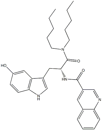 (R)-3-[5-ヒドロキシ-1H-インドール-3-イル]-2-(3-キノリニルカルボニルアミノ)-N,N-ジペンチルプロパンアミド 化学構造式