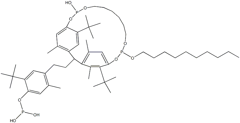 [3-Methyl-1,1,3-propanetriyltris(2-tert-butyl-5-methyl-4,1-phenyleneoxy)]tris(phosphonous acid)hexadodecyl ester 结构式