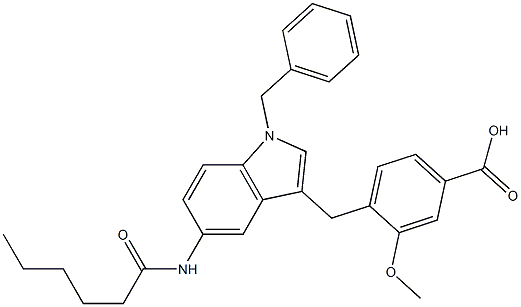 4-[5-ヘキサノイルアミノ-1-ベンジル-1H-インドール-3-イルメチル]-3-メトキシ安息香酸 化学構造式