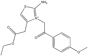 2-Amino-4-(ethoxycarbonylmethyl)-3-[(4-methoxyphenyl)carbonylmethyl]thiazol-3-ium Struktur