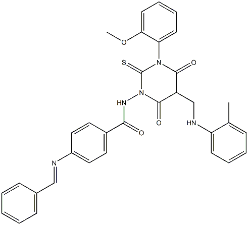 4-(Benzylideneamino)-N-[[hexahydro-4,6-dioxo-2-thioxo-3-(2-methoxyphenyl)-5-(2-methylphenylaminomethyl)pyrimidin]-1-yl]benzamide