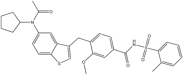 4-[5-(Cyclopentylacetylamino)-1-benzothiophen-3-ylmethyl]-3-methoxy-N-(2-methylphenylsulfonyl)benzamide Struktur