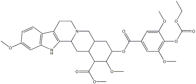 3-[4-(エトキシカルボニルオキシ)-3,5-ジメトキシベンゾイルオキシ]-1,2,3,4,4a,5,7,8,13,13b,14,14a-ドデカヒドロ-2,11-ジメトキシベンゾ[g]インドロ[2,3-a]キノリジン-1-カルボン酸メチル 化学構造式