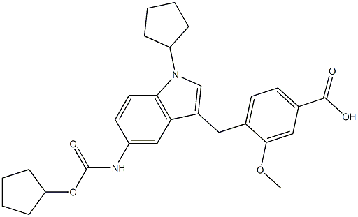 4-[5-Cyclopentyloxycarbonylamino-1-cyclopentyl-1H-indol-3-ylmethyl]-3-methoxybenzoic acid Struktur