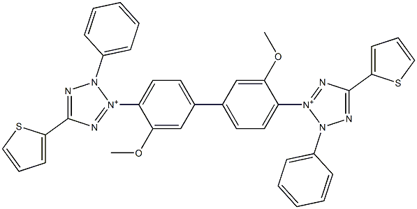 3,3'-(3,3'-Dimethoxy-1,1'-biphenyl-4,4'-diyl)bis[5-(2-thienyl)-2-phenyl-2H-tetrazol-3-ium] 结构式