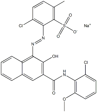 3-クロロ-6-メチル-2-[[3-[[(2-クロロ-6-メトキシフェニル)アミノ]カルボニル]-2-ヒドロキシ-1-ナフチル]アゾ]ベンゼンスルホン酸ナトリウム 化学構造式