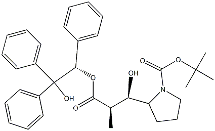 (2S,3R)-3-[(2R)-1-[[(1,1-Dimethylethyl)oxy]carbonyl]pyrrolidin-2-yl]-3-hydroxy-2-methylpropanoic acid [(1S)-2-hydroxy-1,2,2-triphenylethyl] ester Struktur