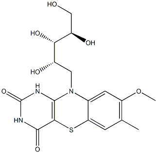 7-Methyl-8-methoxy-10-[(2S,3S,4R)-2,3,4,5-tetrahydroxypentyl]-1H-pyrimido[5,4-b][1,4]benzothiazine-2,4(3H,10H)-dione,,结构式