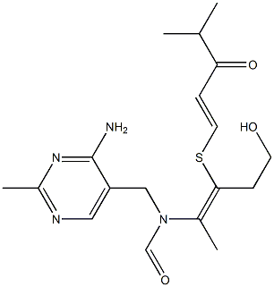 N-[(4-アミノ-2-メチル-5-ピリミジニル)メチル]-N-[4-ヒドロキシ-1-メチル-2-[(4-メチル-3-オキソ-1-ペンテニル)チオ]-1-ブテニル]ホルムアミド 化学構造式