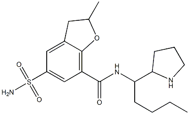 N-[(1-ブチルピロリジン-2-イル)メチル]-2-メチル-5-アミノスルホニル-2,3-ジヒドロベンゾフラン-7-カルボアミド 化学構造式