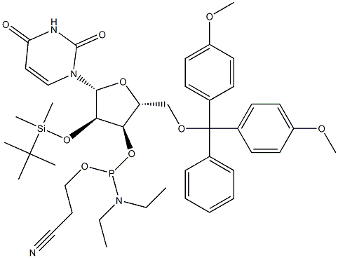 5'-O-(4,4'-Dimethoxytrityl)-2'-O-(tert-butyldimethylsilyl)uridine 3'-[diethylaminophosphonous acid (2-cyanoethyl)] ester Structure