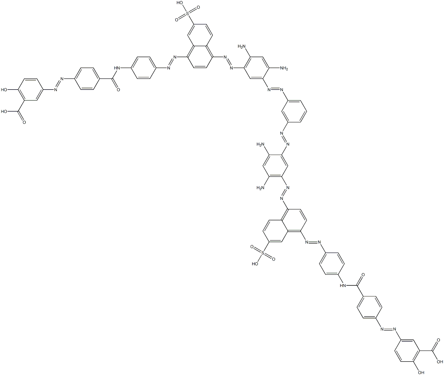 3,3'-[1,3-フェニレンビス[アゾ(4,6-ジアミノ-3,1-フェニレン)アゾ[7-スルホ-4,1-ナフタレンジイル]アゾ-4,1-フェニレンイミノカルボニル-4,1-フェニレンアゾ]]ビス[6-ヒドロキシ安息香酸] 化学構造式