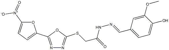 N2-(4-ヒドロキシ-3-メトキシベンジリデン)-2-[5-(5-ニトロ-2-フリル)-1,3,4-オキサジアゾール-2-イルチオ]アセトヒドラジド 化学構造式
