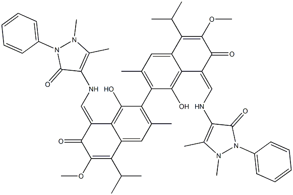1,1'-Dihydroxy-3,3'-dimethyl-5,5'-diisopropyl-6,6'-dimethoxy-8,8'-bis[[(1-phenyl-2,3-dimethyl-5-oxo-2,5-dihydro-1H-pyrazol)-4-yl]aminomethylene][2,2'-binaphthalene]-7,7'(8H,8'H)-dione Struktur