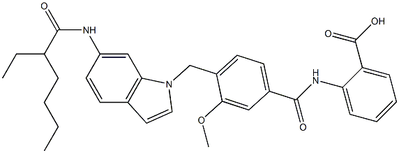 2-[4-[6-(2-エチルヘキサノイルアミノ)-1H-インドール-1-イルメチル]-3-メトキシベンゾイルアミノ]安息香酸 化学構造式