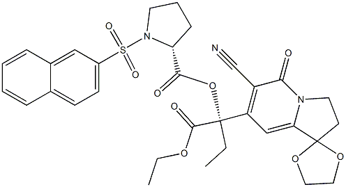 6-Cyano-7-[(S)-1-ethoxycarbonyl-1-[[(2R)-1-[(2-naphtyl)sulfonyl]-2-pyrrolidinyl]carbonyloxy]propyl]-2,3-dihydrospiro[indolizine-1,2'-[1,3]dioxolan]-5-one Structure