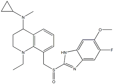 1-エチル-1,2,3,4-テトラヒドロ-4-(N-メチルシクロプロピルアミノ)-8-(5-フルオロ-6-メトキシ-1H-ベンゾイミダゾール-2-イルスルフィニルメチル)キノリン 化学構造式