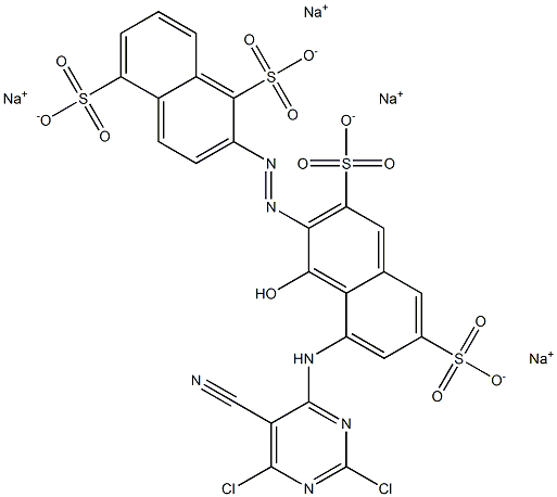 8-(2,6-ジクロロ-5-シアノピリミジン-4-イルアミノ)-1-ヒドロキシ[2,2'-アゾビスナフタレン]-1',3,5',6-テトラスルホン酸四ナトリウム 化学構造式