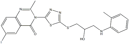 6-Iodo-2-methyl-3-[5-[[3-(2-methylanilino)-2-hydroxypropyl]thio]-1,3,4-thiadiazol-2-yl]quinazolin-4(3H)-one,,结构式