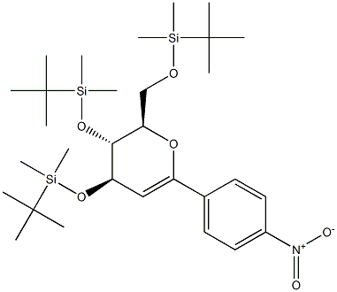 (4R,5R,6R)-5,6-ジヒドロ-2-(4-ニトロフェニル)-4,5-ビス(tert-ブチルジメチルシリルオキシ)-6-(tert-ブチルジメチルシリルオキシメチル)-4H-ピラン 化学構造式