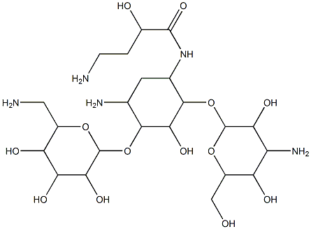 3-Amino-5-(4-amino-2-hydroxybutanoylamino)-6-(4-amino-3,5-dihydroxy-6-hydroxymethyltetrahydro-2H-pyran-2-yloxy)-2-(2-aminomethyl-3,4,5-trihydroxytetrahydro-2H-pyran-6-yloxy)-1-cyclohexanol Struktur