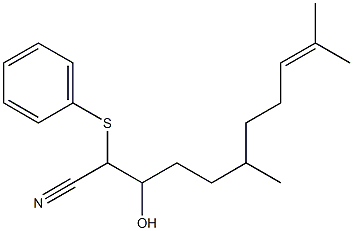 3-ヒドロキシ-2-(フェニルチオ)-3-(3,7-ジメチル-6-オクテン-1-イル)プロパンニトリル 化学構造式