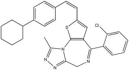 4-(2-クロロフェニル)-2-[(Z)-2-(4-シクロヘキシルフェニル)エテニル]-9-メチル-6H-チエノ[3,2-f][1,2,4]トリアゾロ[4,3-a][1,4]ジアゼピン 化学構造式