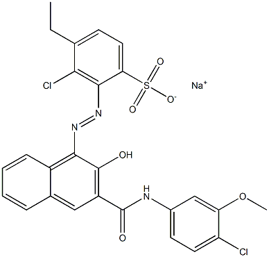 3-クロロ-4-エチル-2-[[3-[[(4-クロロ-3-メトキシフェニル)アミノ]カルボニル]-2-ヒドロキシ-1-ナフチル]アゾ]ベンゼンスルホン酸ナトリウム 化学構造式