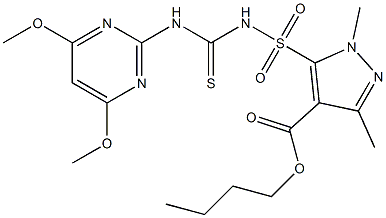 1,3-ジメチル-5-[[(4,6-ジメトキシピリミジン-2-イル)チオカルバモイル]スルファモイル]-1H-ピラゾール-4-カルボン酸ブチル 化学構造式