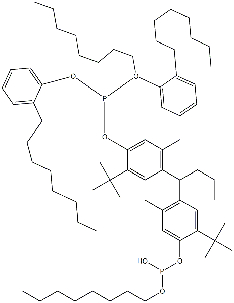 [ブチリデンビス(2-tert-ブチル-5-メチル-4,1-フェニレンオキシ)]ビス(亜ホスホン酸)O,O'-ジオクチルO,O'-ビス(2-オクチルフェニル) 化学構造式