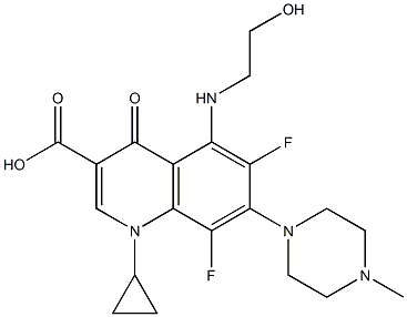1-Cyclopropyl-6,8-difluoro-1,4-dihydro-5-(2-hydroxyethylamino)-7-(4-methyl-1-piperazinyl)-4-oxoquinoline-3-carboxylic acid 结构式