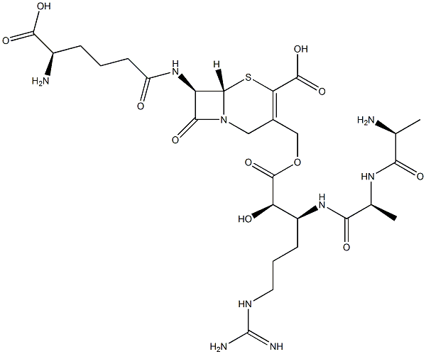 (7R)-7-[[(R)-5-Amino-5-carboxy-1-oxopentyl]amino]-3-[[[(2R,3S)-3-[[(S)-2-(L-alanylamino)propionyl]amino]-6-[[amino(imino)methyl]amino]-2-hydroxy-1-oxohexyl]oxy]methyl]cepham-3-ene-4-carboxylic acid Struktur