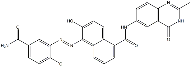 1-[(2-Methoxy-5-carbamoylphenyl)azo]-N-[(2-methyl-3,4-dihydro-4-oxoquinazolin)-6-yl]-2-hydroxynaphthalene-5-carboxamide Struktur