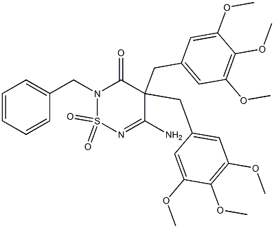 5-Amino-2-benzyl-4,4-bis(3,4,5-trimethoxybenzyl)-2H-1,2,6-thiadiazin-3(4H)-one 1,1-dioxide,,结构式