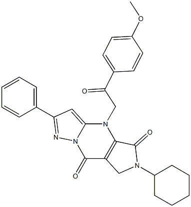 6-Cyclohexyl-6,7-dihydro-4-[2-(4-methoxyphenyl)-2-oxoethyl]-2-phenyl-4H-1,4,6,8a-tetraaza-s-indacene-5,8-dione,,结构式