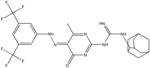 2-[3-(2-アダマンチル)グアニジノ]-5-[2-[3,5-ジ(トリフルオロメチル)フェニル]ヒドラゾノ]-6-メチルピリミジン-4(5H)-オン 化学構造式