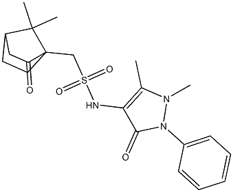4-((((7,7-Dimethyl-2-oxobicyclo[2.2.1]heptyl)methyl)sulfonyl)amino)-2,3-dimethyl-1-phenyl-3-pyrazolin-5-one Struktur
