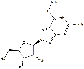 6-Amino-4-hydrozino-2-(beta-D-ribofuranosyl)-2H-pyrazolo[3,4-d]pyrimidine 化学構造式